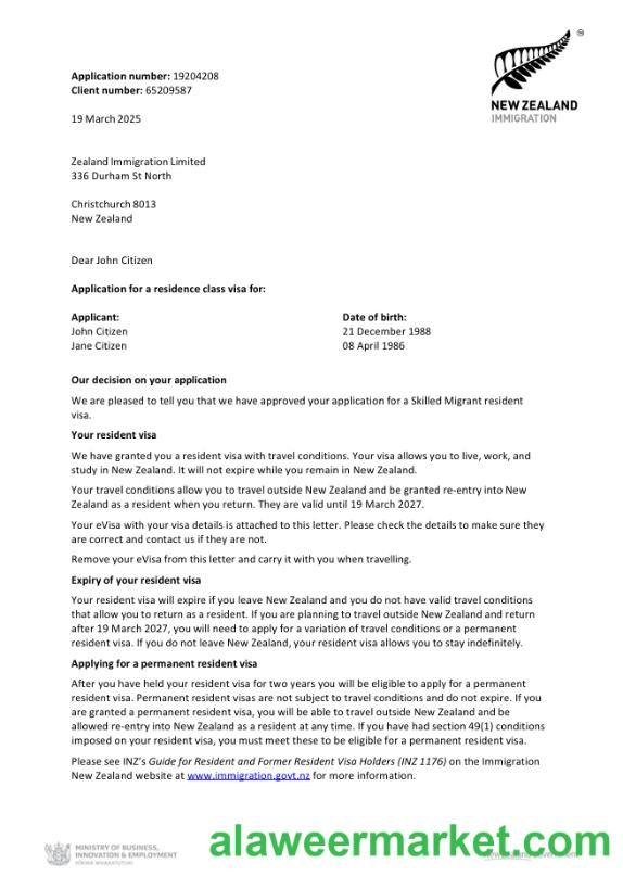 New Zealand visa approval letter template in Word and PDF formats